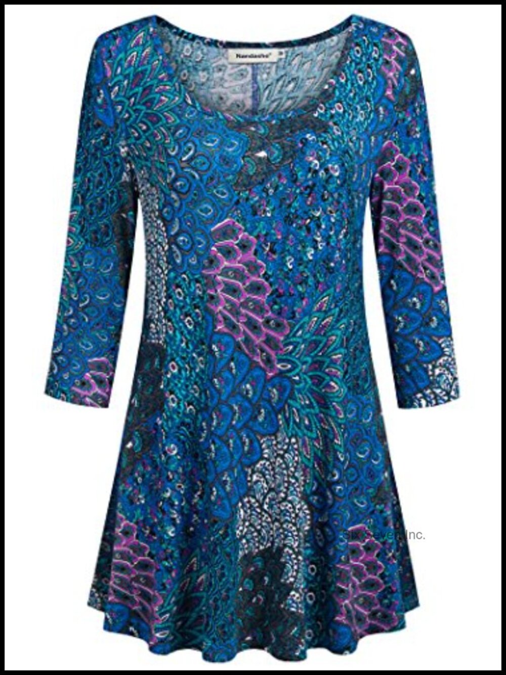 Womens 3/4 Sleeve Floral Tunic Blouse Scoop Neck Flowy Casual Top